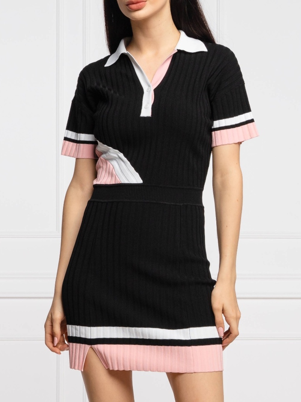 Pinko Ribbed Knit Colorblock Polo Mini Dress Black Pink White Size M